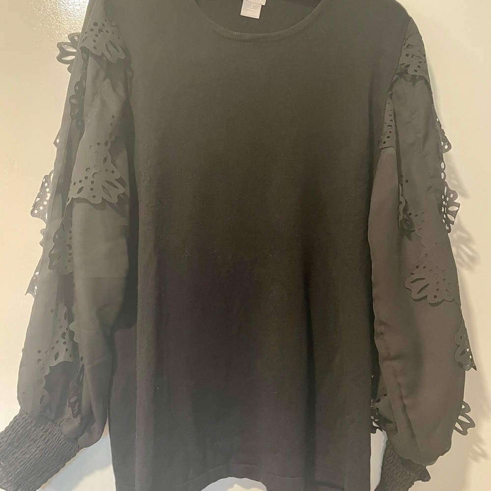 Chico's Elegant Black Sweatshirt with Lace Sleeves
